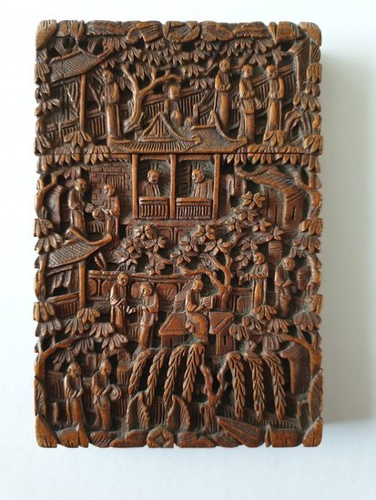 kaarthouder (1) - Wood, sandelhout - dorpstafereel - China - 19th century