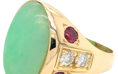 mens Oval Pale Mottled Green Jade, Diamond and Ruby Ring - 14k Yellow Gold