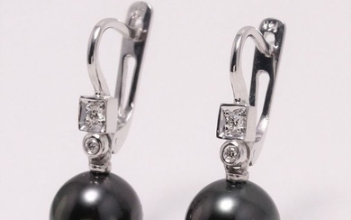 no reserve - 14 kt. White Gold- 9x10mm Round Tahiti Pearls - Earrings - 0.07 ct