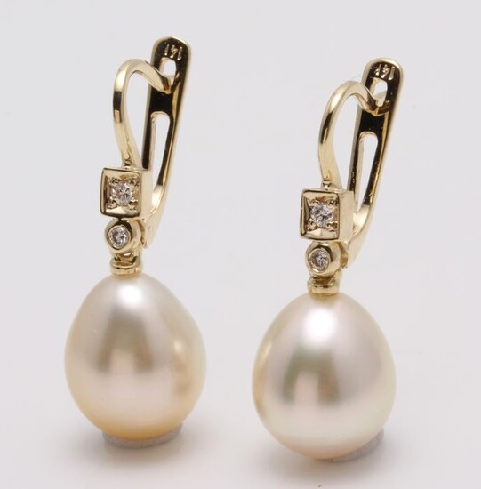 no reserve - 14 kt. Yellow Gold- 10x11mm Champagne Golden South Sea Pearls - Earrings - 0.07 ct