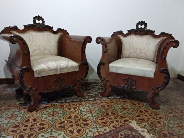 pair of Charles X armchairs - restored in fabric. - Wood - 1800