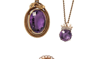 Three Pieces of Antique Jewelry, a 14kt gold brooch with porcelain panel featuring a putti and split pearls, a pendant with amethyst, a