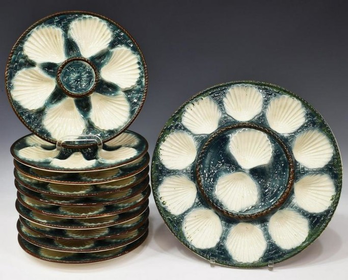 (11) FRENCH MAJOLICA OYSTER PLATES & PLATTER
