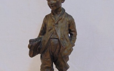 Bronze figure, boy with briefcase, signed bronze