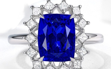 14K GOLD 4.49 CTW VIVID BLUE NATURAL TANZANITE & DIAMOND RING