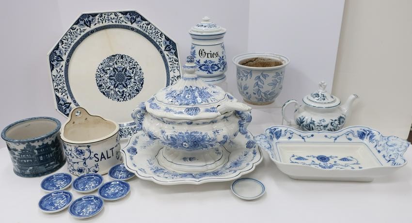 17 Assorted Blue and White Serving Porcelain