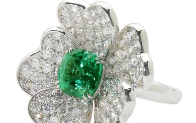 18CT WHITE GOLD, EMERALD AND DIAMOND RING Accompanied by a SSEF report numbered 105313, dated 6 March 2019, stating that the 2.14 ca...