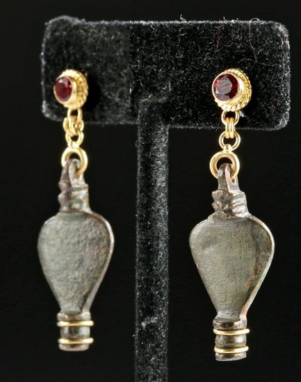 18K+ Gold Earrings w/ Roman Bronze Amulets & Garnets