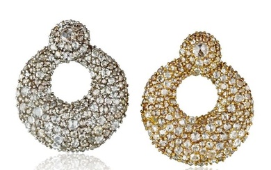 18K Two Tone 70 Carats Rose Cut Diamond Round Cluster Earrings