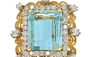 18K Yellow Gold Emerald Cut Aquamarine And Diamond Halo Ring