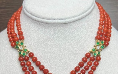 18K Yellow Gold Italian Coral Diamond and Emerald Necklace