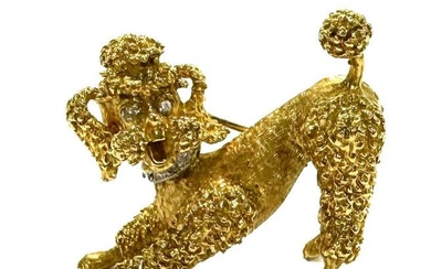 18k Yellow Gold and Diamond Barking Poodle Dog Pin Brooch