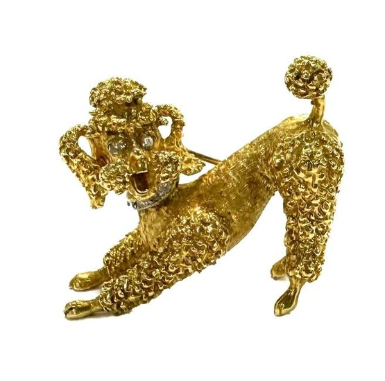 18k Yellow Gold and Diamond Barking Poodle Dog Pin Brooch