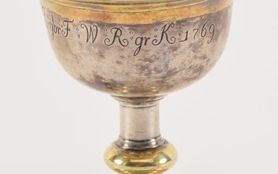 18th century continental German(?) 1769 silver wedding cup with gilt interior, knob, and rims. A.E.