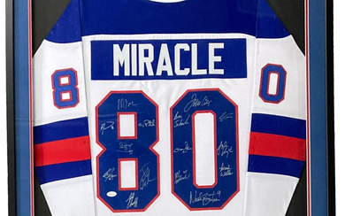 1980 USA Miracle On Ice Custom Framed Jersey Team-Signed By (15) with Mike Eruzione, Jim Craig, Ken Morrow, Buzz Schneider (JSA)