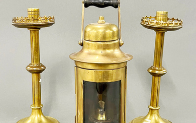 19TH C. CANDLESTICK AND BRASS CARRYING OIL LAMP.