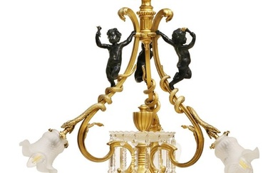 19th C. French Figural Bronze & Crystal Four Lights Chandelier