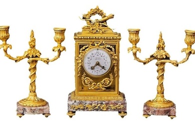 19th C. French Rouge Marble Gilt Bronze Mounted Clockset
