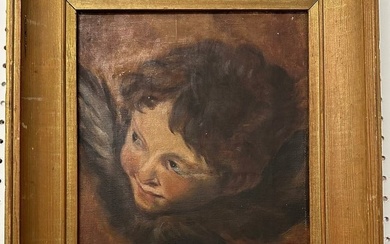 19th C Oil Painting of Cherub Child w/ Wings