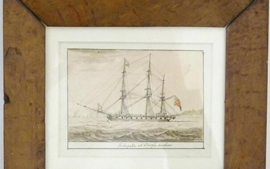 19th century, Marine School, Ink and wash, Frigate at
