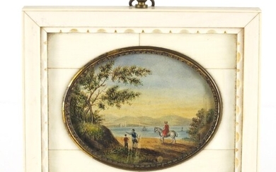 19th century oval watercolour miniature of figures before wa...