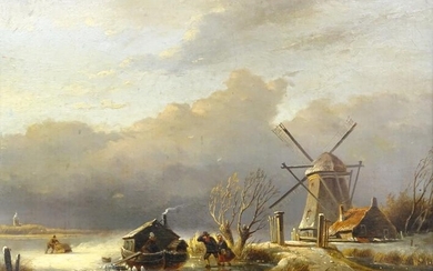 19thC Continental School. Dutch water scene with figures and...
