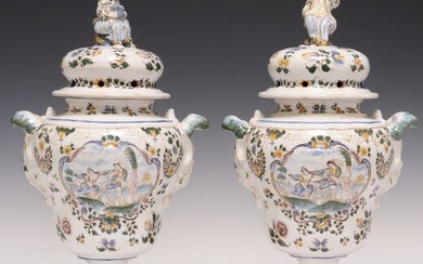 (2) FRENCH MOUSTIERS FAIENCE POTPOURRI VASES & COVERS