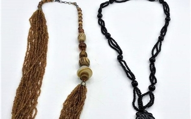 [2] Vintage Multi Strand Beaded Necklaces, Black, Amber