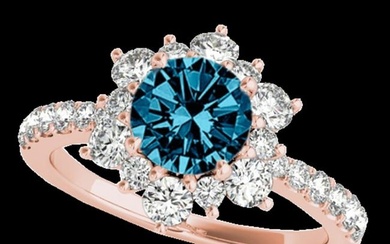 2 ctw SI Certified Blue Diamond Solitaire Halo Ring 10k Rose Gold