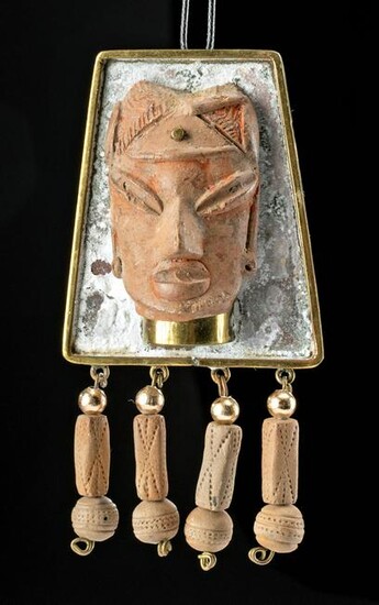 20th C. Mexican Brooch w/ Tlatilco Redware Head & Beads