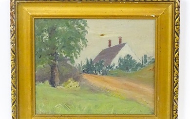 20th century, Oil on board, A country lane with a cottage beyond. Approx. 7 3/4" x 9 1/4" Please