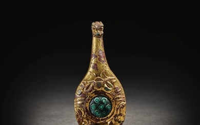 A RARE GLASS-INLAID GILT AND SILVERED-BRONZE BELT HOOK WARRING STATES PERIOD - HAN DYNASTY