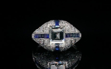 2.65ctw Diamond, 0.80ctw Blue Sapphire Platinum Ring