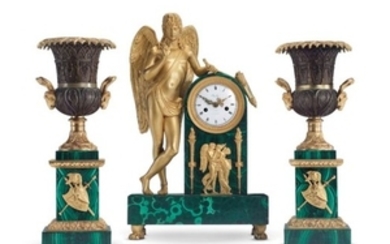 AN ASSEMBLED FRENCH ORMOLU, PATINATED-BRONZE AND MALACHITE THREE-PIECE CLOCK GARNITURE, EARLY 19TH CENTURY