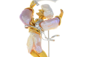 A baroque cultured pearl and diamond Arabian sword dancer brooch.