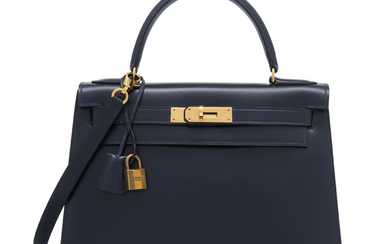 A BLEU MARINE CALF BOX LEATHER SELLIER KELLY 28 WITH GOLD HARDWARE, HERMÈS, 1982