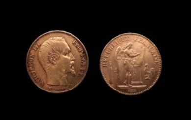 Deux pièces en or de 20 FF 1857 A et 18…