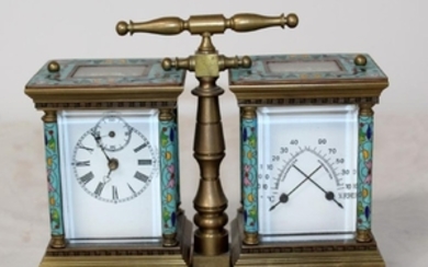 French cloisonne champleve carriage barometer and clock