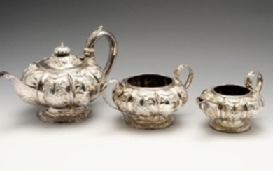 A George IV silver three piece tea service comprising