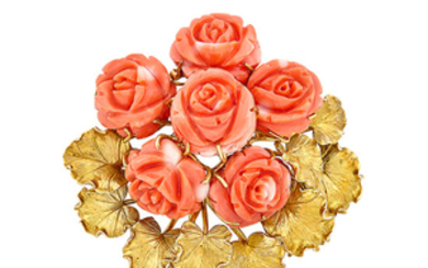 Gold and Carved Coral Flower Clip-Brooch, David Webb