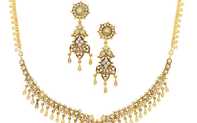 Gold and Diamond Necklace and Pair of Pendant-Earrings