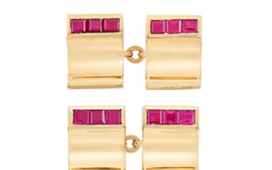 Pair of Gold and Ruby Cufflinks, Cartier