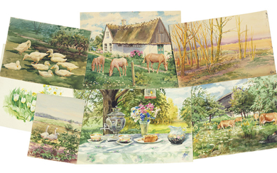 Grand Duchess Olga (1882-1960), Four farmyard scenes; A floral study; An autumnal landscape; and Tea table with samovar and afternoon tea