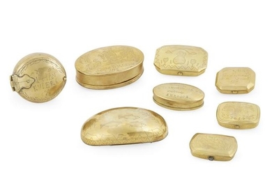 Group of eight brass tobacco or snuff boxes, English