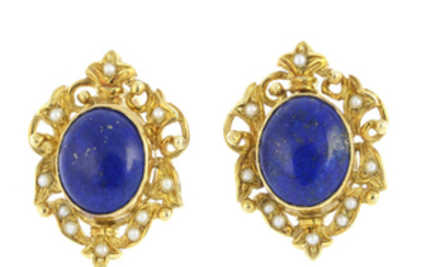 A pair of lapis lazuli and split pearl earrings.