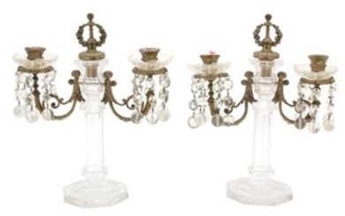 A Pair of Louis XVI Gilt Metal and Cut Crystal Two-Light Candelabra