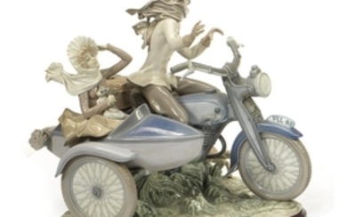 A 'MOTORCYCLE WITH SIDECAR' CERAMIC FIGURINE GROUP BY LLADRO, 1982-1985