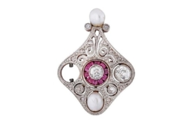 A pearl, ruby and diamond pendant