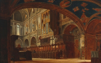 Peter Kornbeck: Italian church interior. Signed and dated P. Kornbeck, 1871. Oil on panel. 31×43 cm.