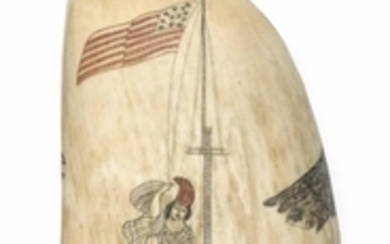 POLYCHROME SCRIMSHAW WHALE'S TOOTH WITH PATRIOTIC MOTIFS Obverse depicts an image and verse sourced from The Kedge Anchor; or, Young..